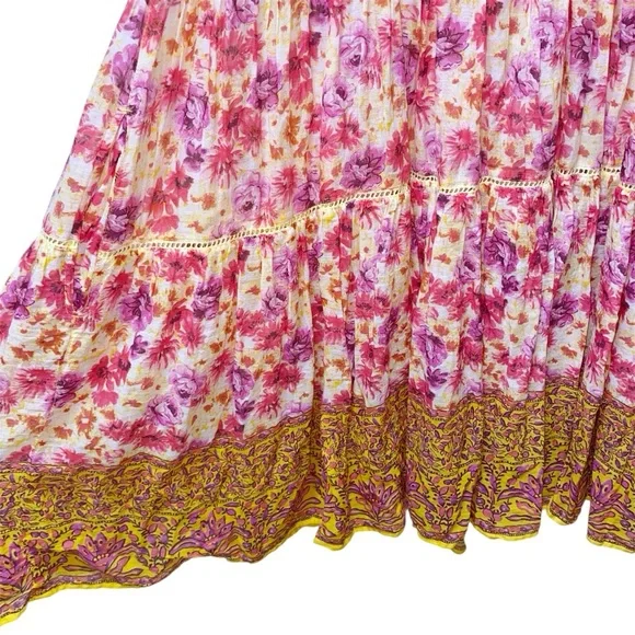 Sundance Fields of Beauty Dress Pink Yellow Tiered Tassel Tie Midi Size Large - Picture 13 of 14